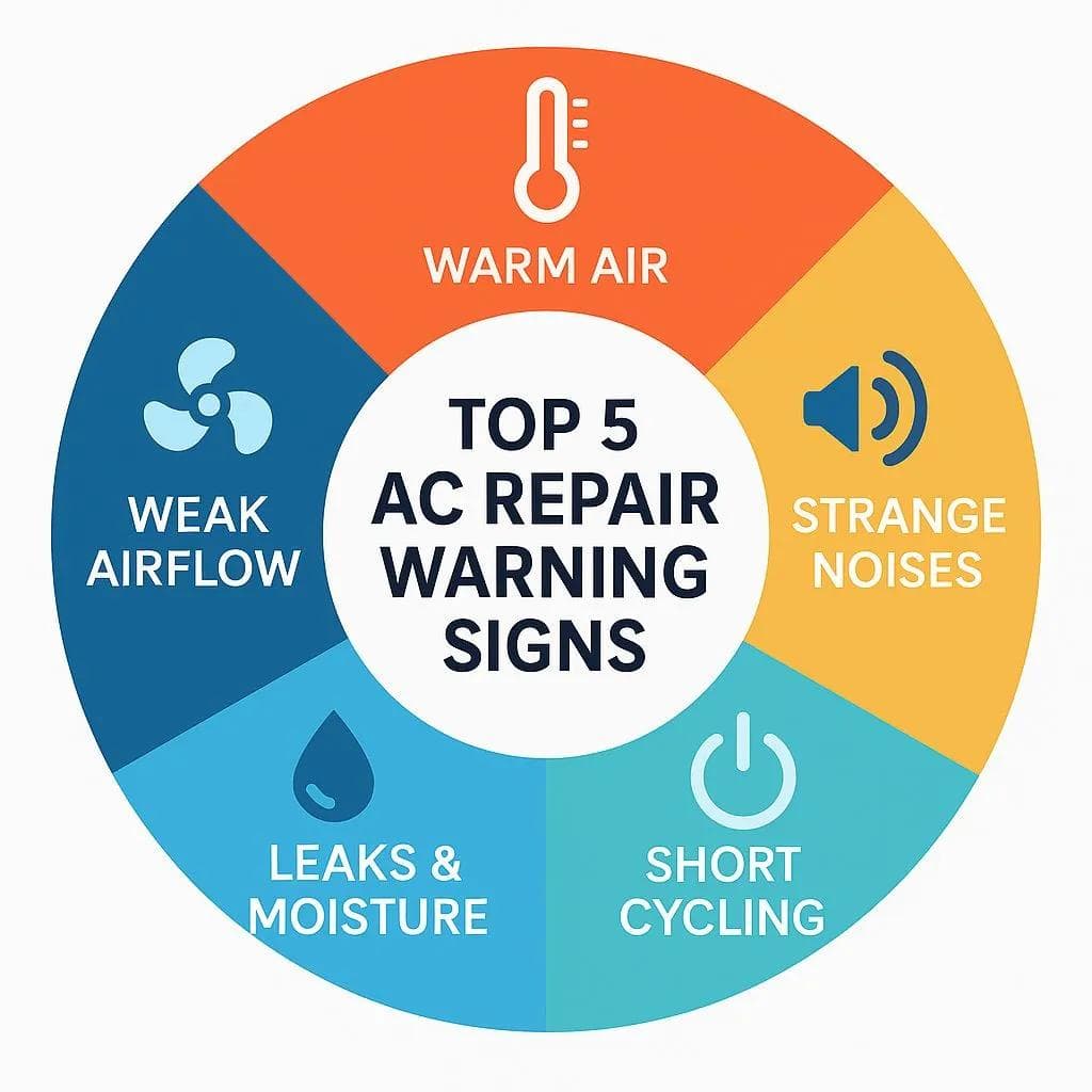 Air conditioner unit with highlighted signs of needed repair, including warm air, weak airflow, and leaks.