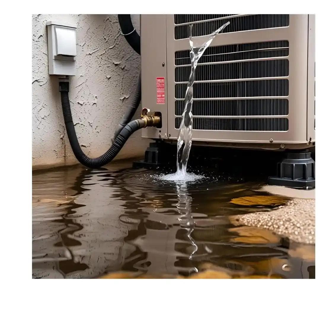 Water leak near AC unit showing possible drain or refrigerant issue.