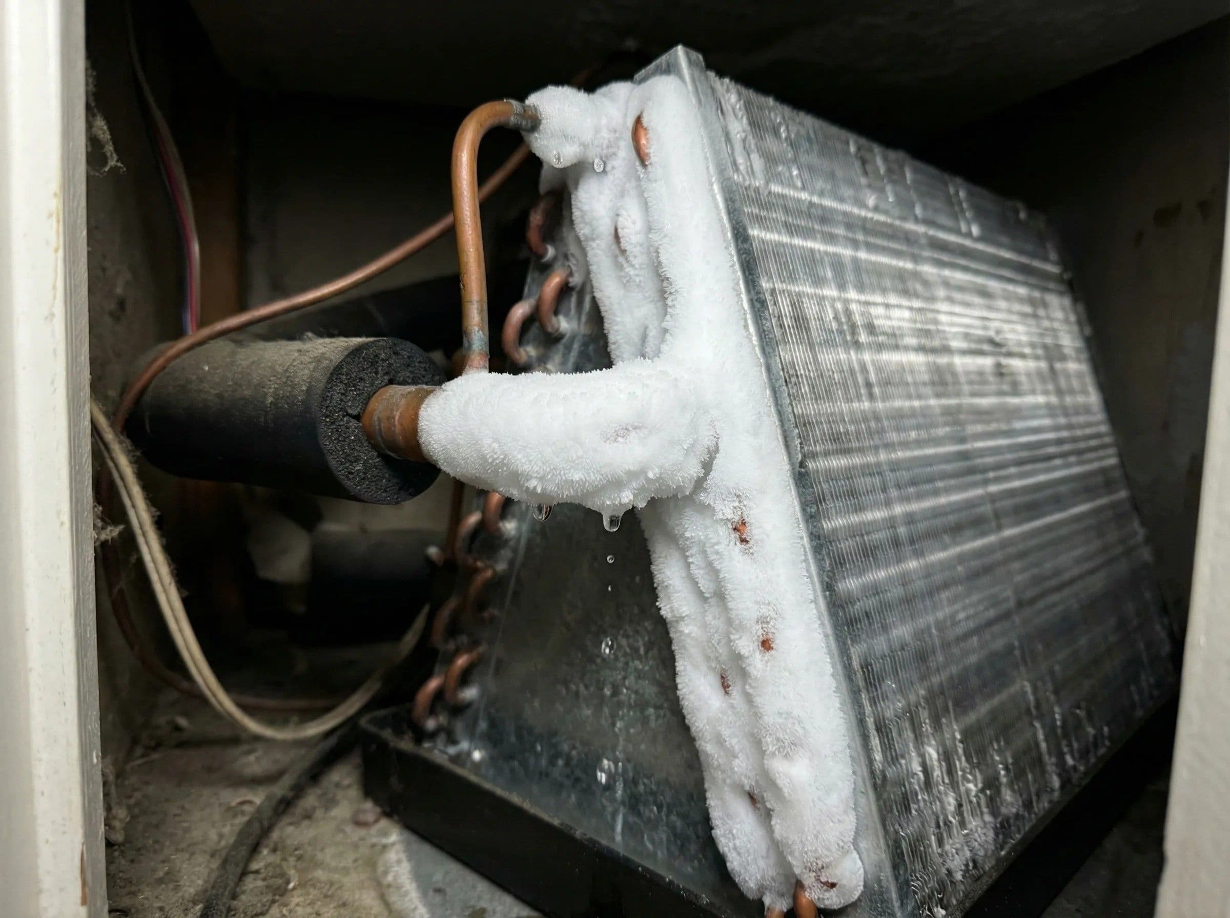 Ice on AC refrigerant lines showing a frozen coil causing AC not cooling